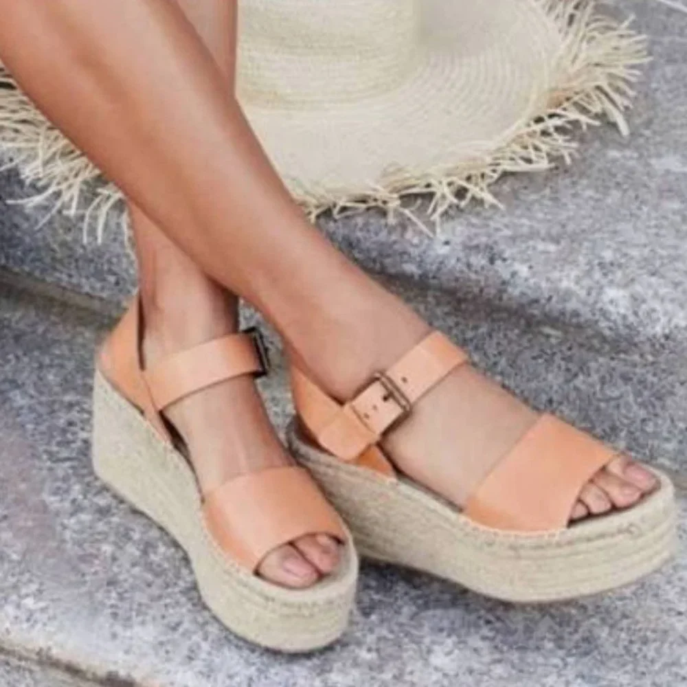 Soludos Tan Leather Espadrille Wedge Sandals